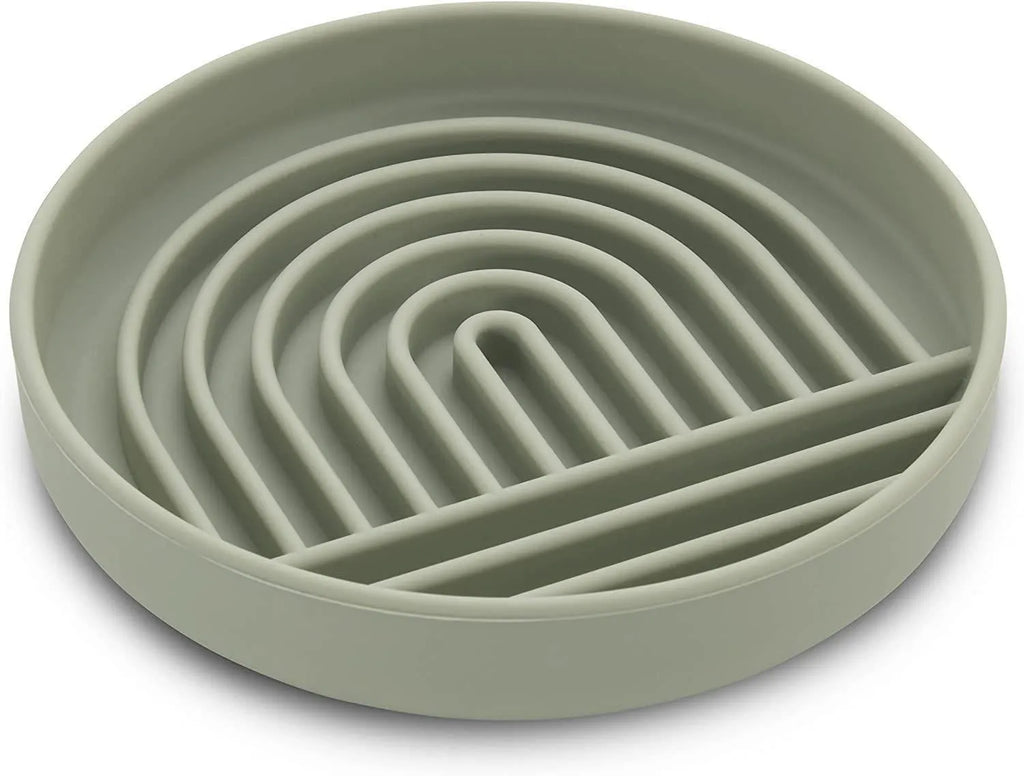 Silicone slow feeding bowl for cats and dogs in pink, gray, and light green