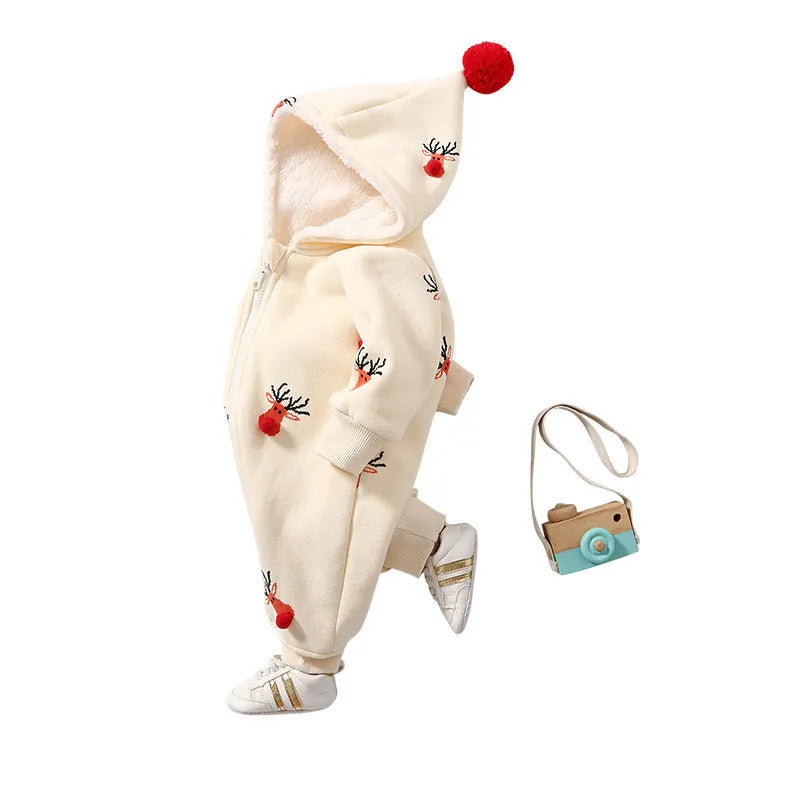 Khaki baby crawling suit with padding, featuring a Christmas moose pattern, shown on a size chart.