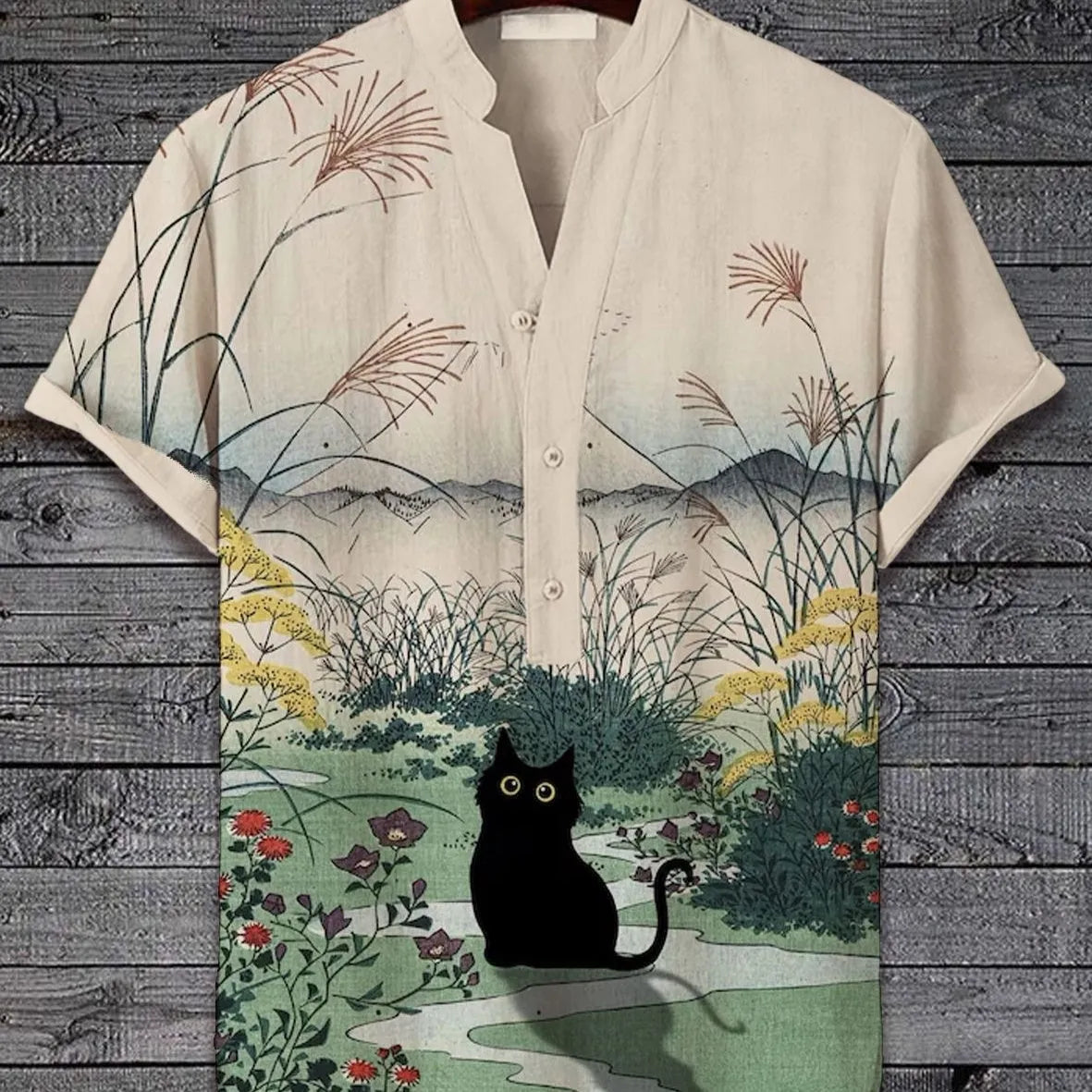 3D digital animal pattern short sleeve casual shirt on a hanger, showing one of thirteen colour variants.