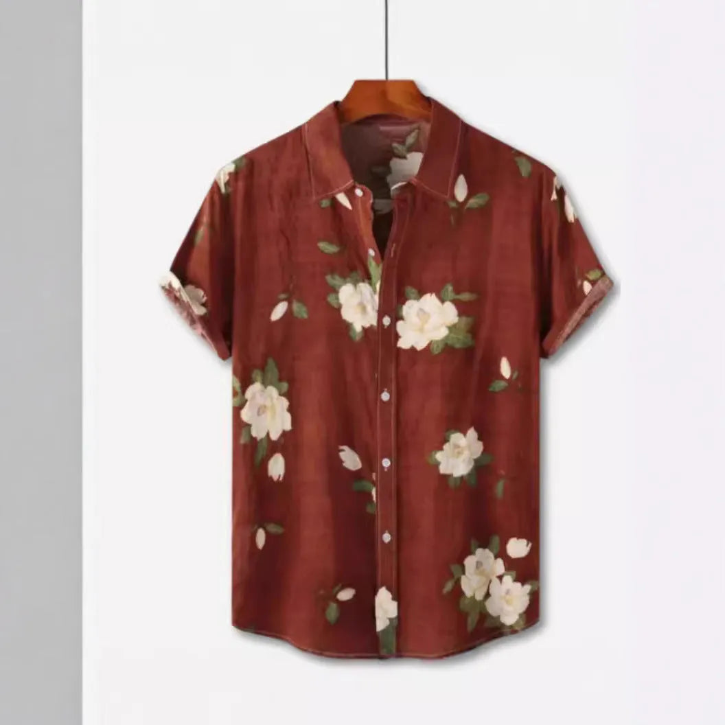 Man's short-sleeve Hawaiian floral print cardigan shirt in elastic polyester fabric.