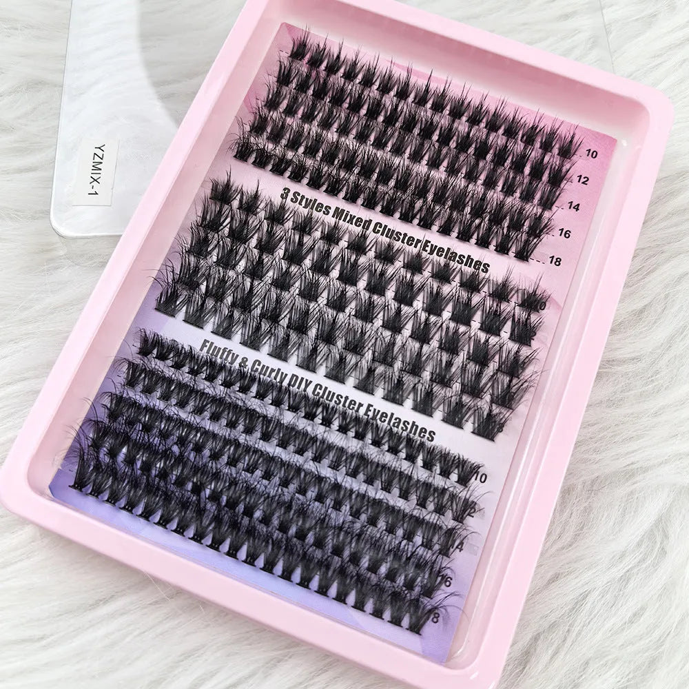 Box of mixed messy false eyelashes in five specifications for DIY volume and lash extensions.