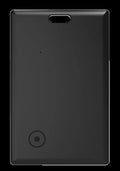 Black MFI-certified rechargeable Bluetooth tracking card for Android, shown next to a keychain.