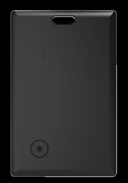 Black MFI-certified rechargeable Bluetooth tracking card for Android, shown next to a keychain.