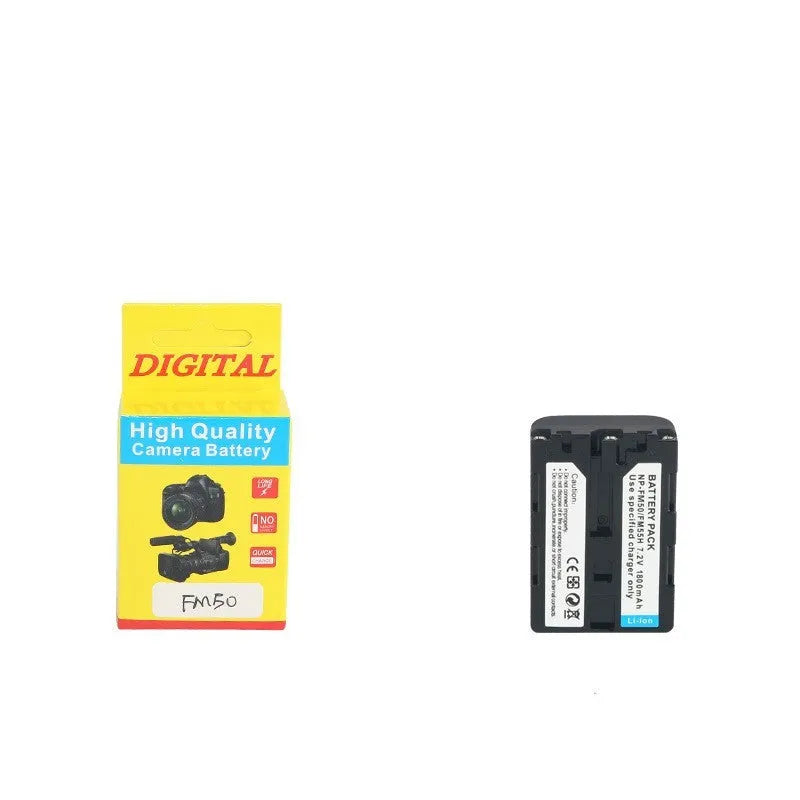 Black FM50 FM30 FM55H camera battery, 7.2V DC/DV replacement power pack with 8.4V charger input.