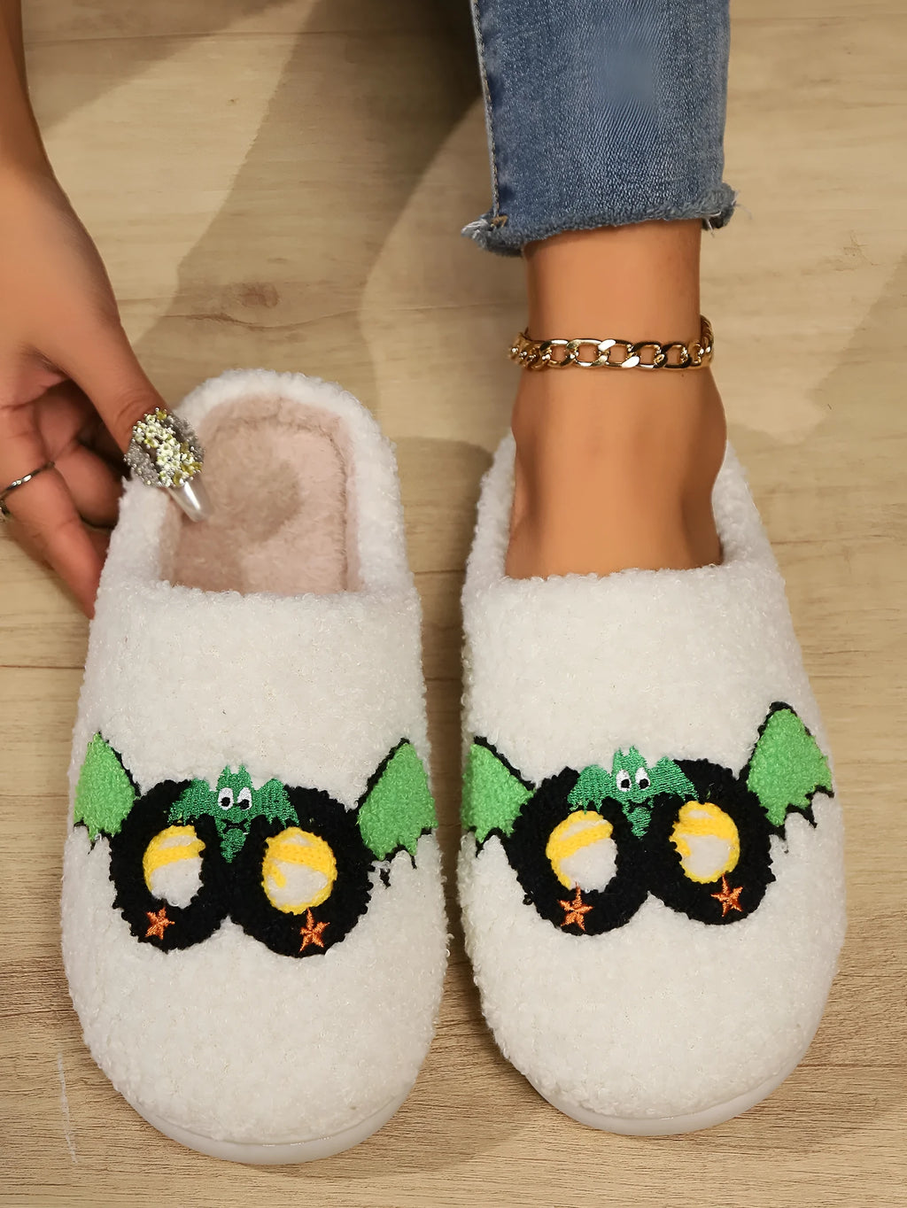 Women's indoor plush thermal cotton slippers with linen upper in mask black and mask blue, non-slip sole