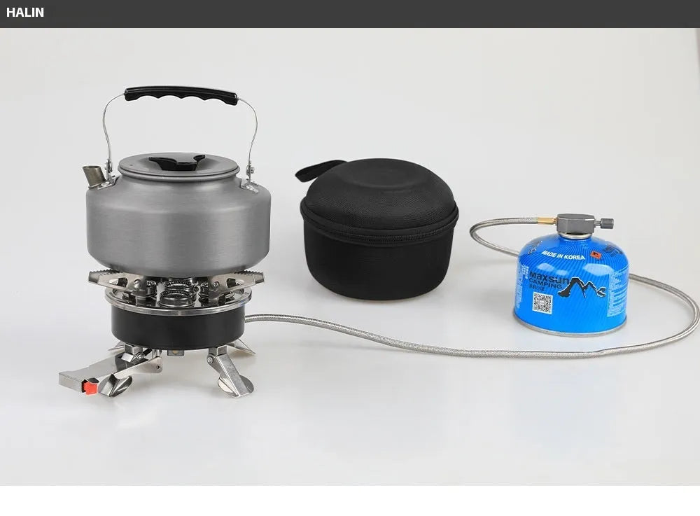 Silver portable split camping stove with extended copper hose on a 155x125mm stainless steel base.