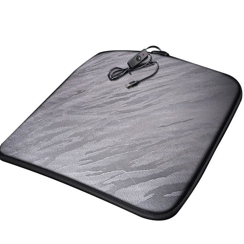 Car heating square cushion in black, approximately 45x45 cm, with USB cable and switch.