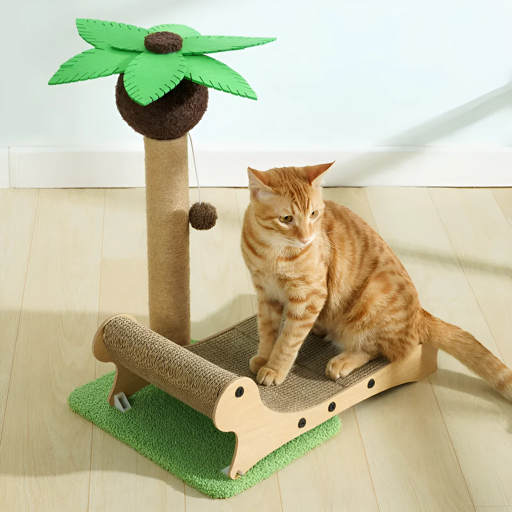 Wooden beach chair-shaped cat nest with a scratch board and woven hemp mat.
