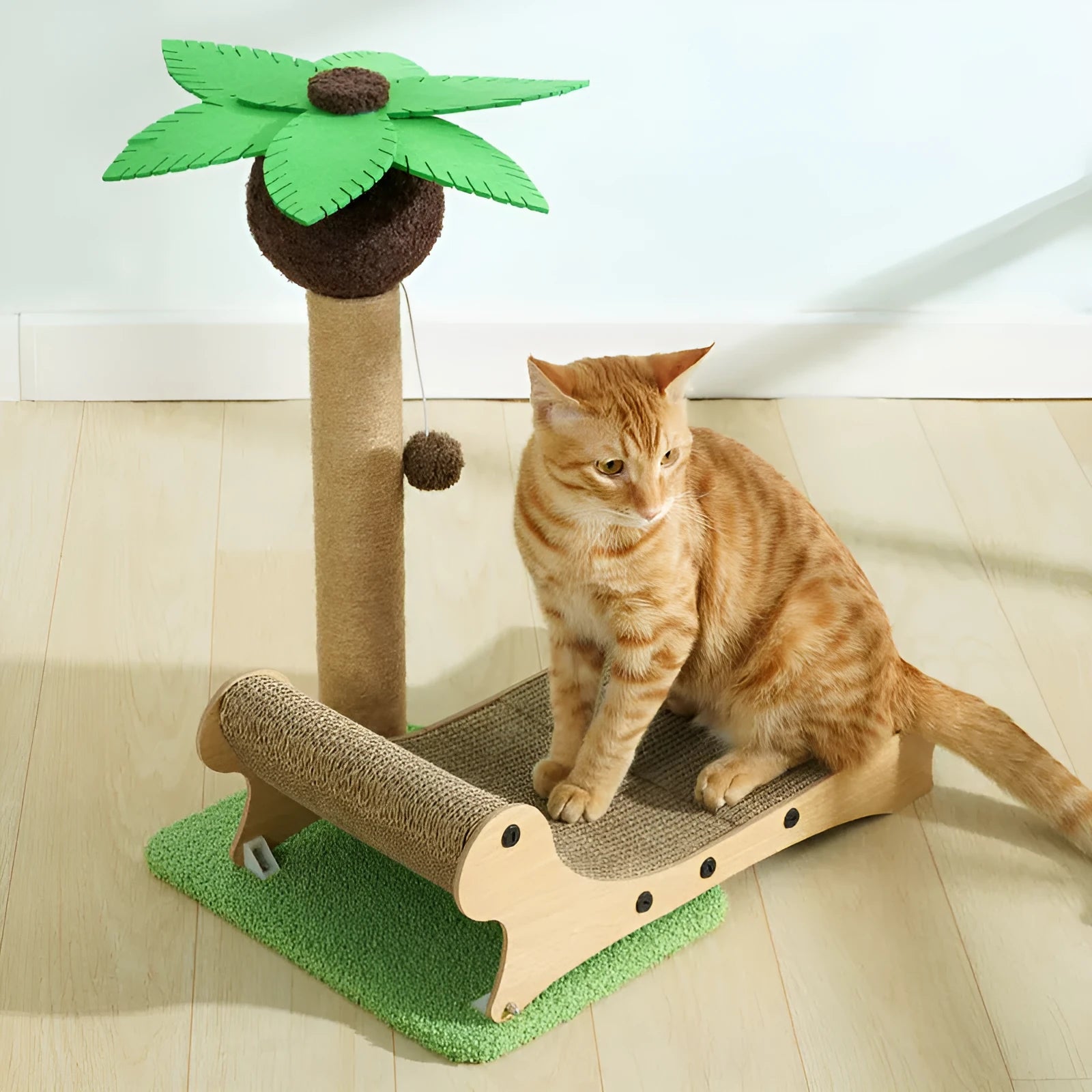 Wooden beach chair-shaped cat nest with a scratch board and woven hemp mat.