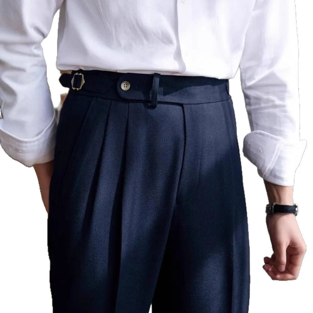 British men business casual straight-leg trousers in black polyester fibre, side view on mannequin