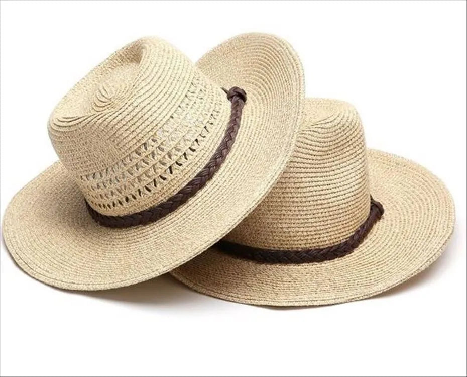 A foldable straw sun hat for men with a wide brim, shown in a beige colour.