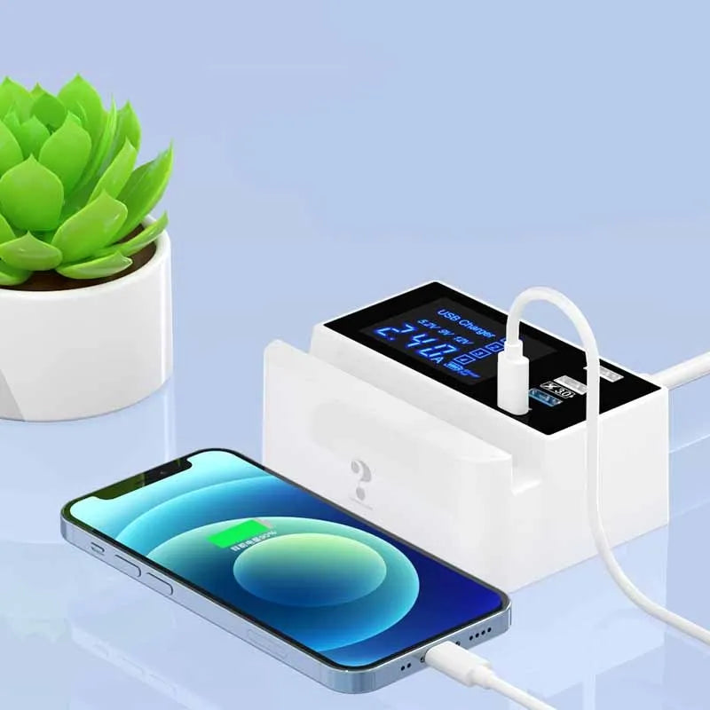White USB multi-port charger for tablet and smartphone, 2100mA, with 150cm cord and EU UK US plug options