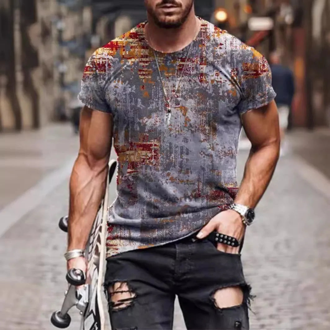 Man wearing a loose-fit camouflage print short-sleeved T-shirt in milk silk fabric.