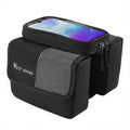 Black and grey bilateral tube touch screen saddle bag with 2L capacity mounted on bicycle