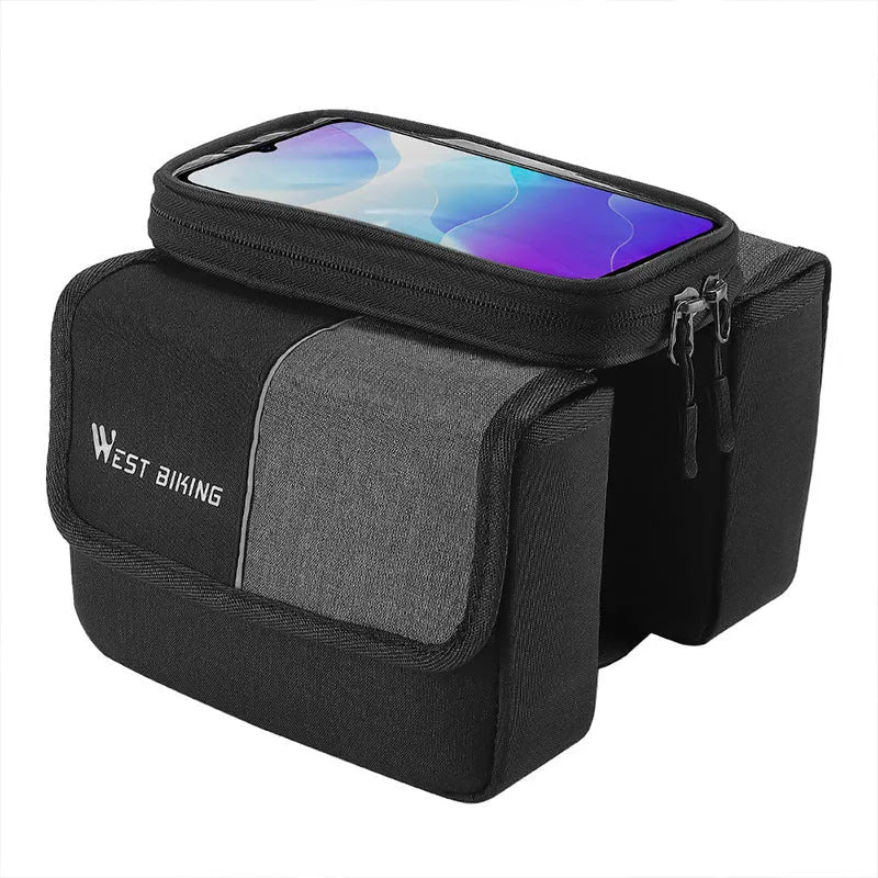 Black and grey bilateral tube touch screen saddle bag with 2L capacity mounted on bicycle