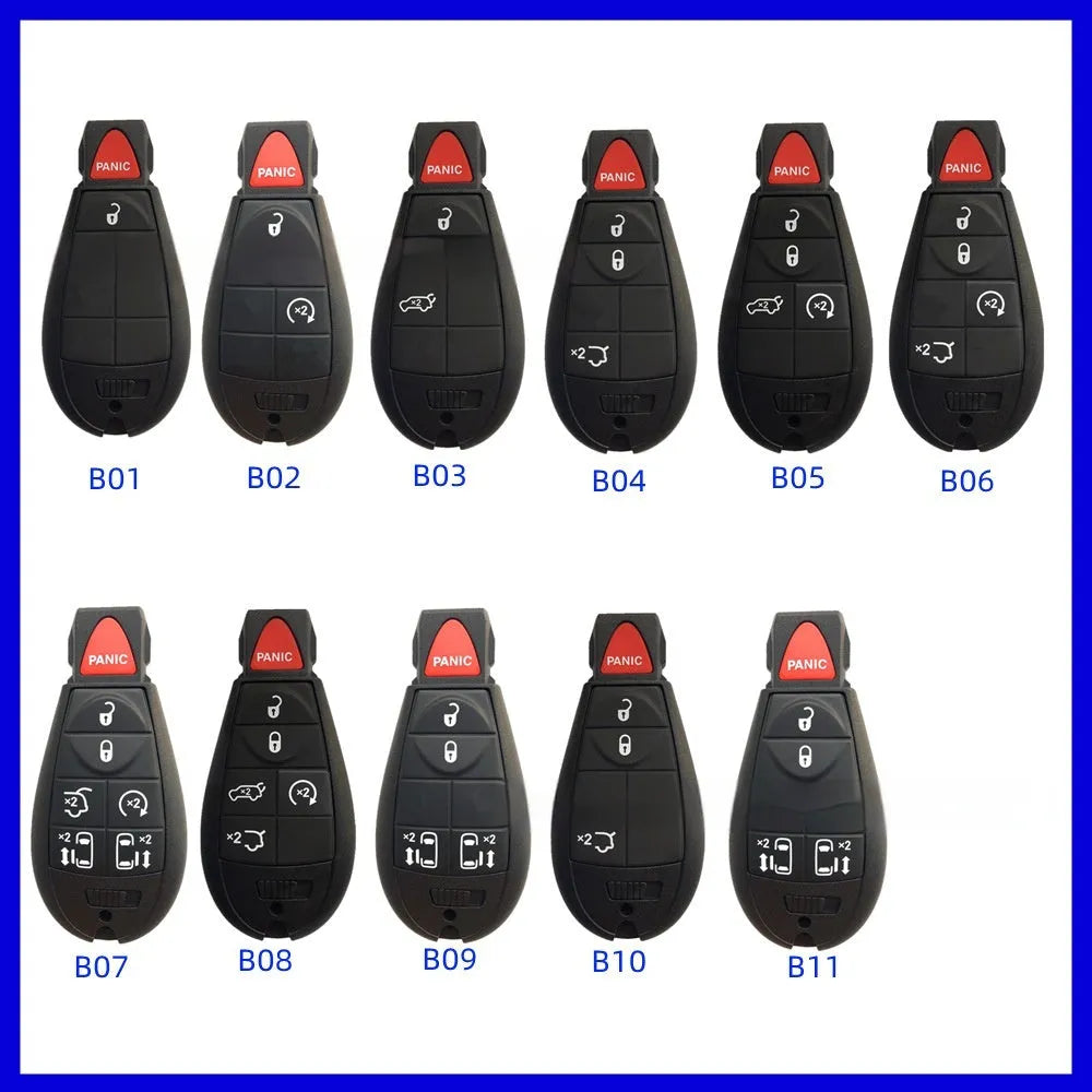 Empty replacement smart key shell for Dodge and Chrysler vehicles, showing dimensions and model codes.
