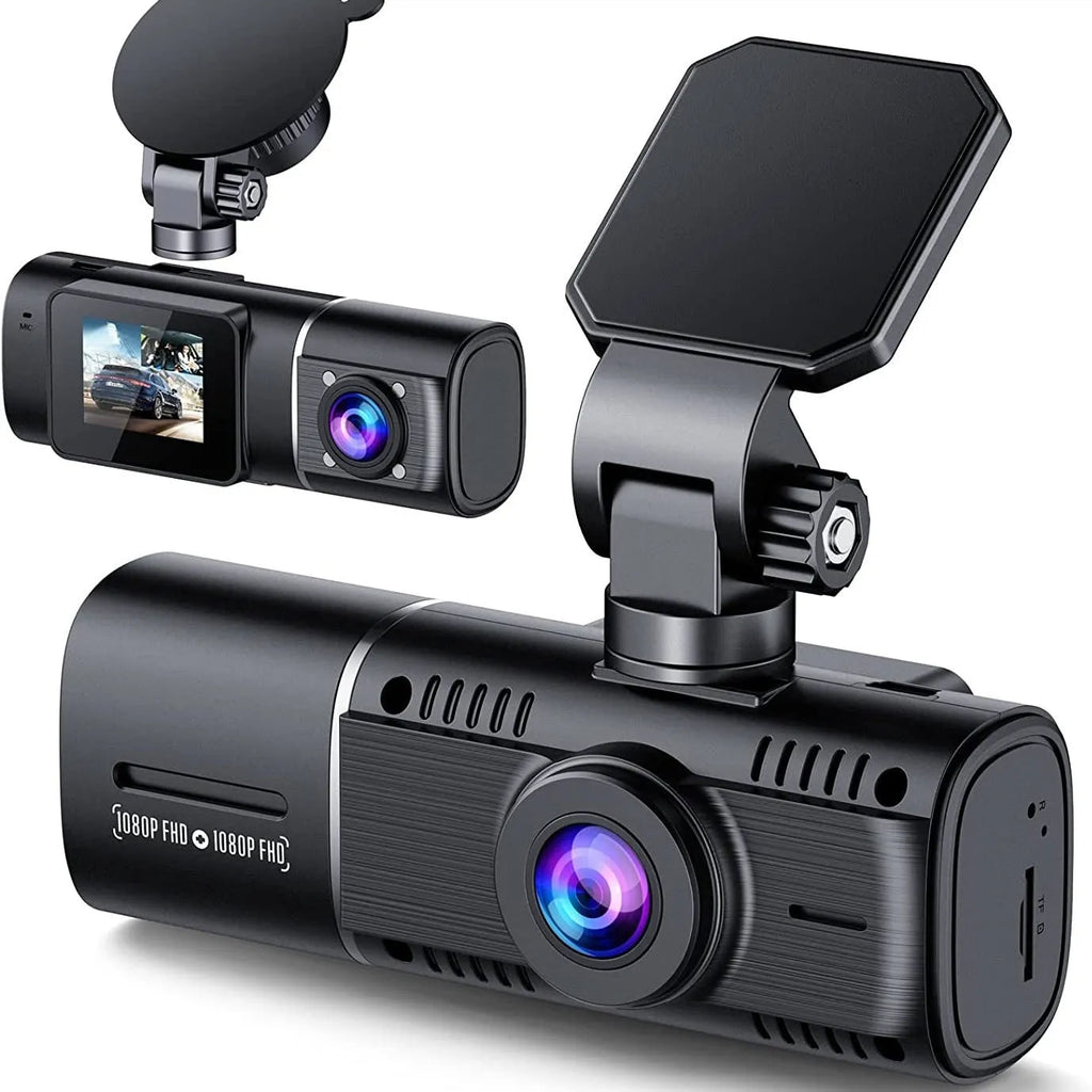 Standard black dual-channel car dash cam with 1.5-inch screen, rear camera, mount, and car charger on box.