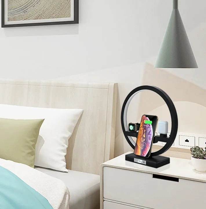 3 in 1 wireless charger stand with table lamp for phone watch and headset in black