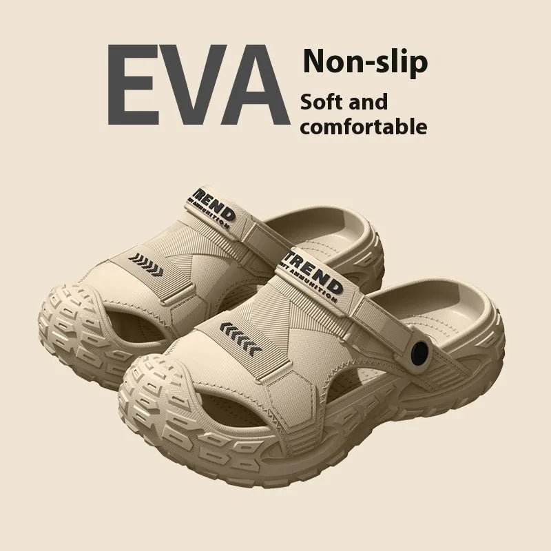 Men's khaki hollow-out EVA slippers with non-slip sole on a sandy beach