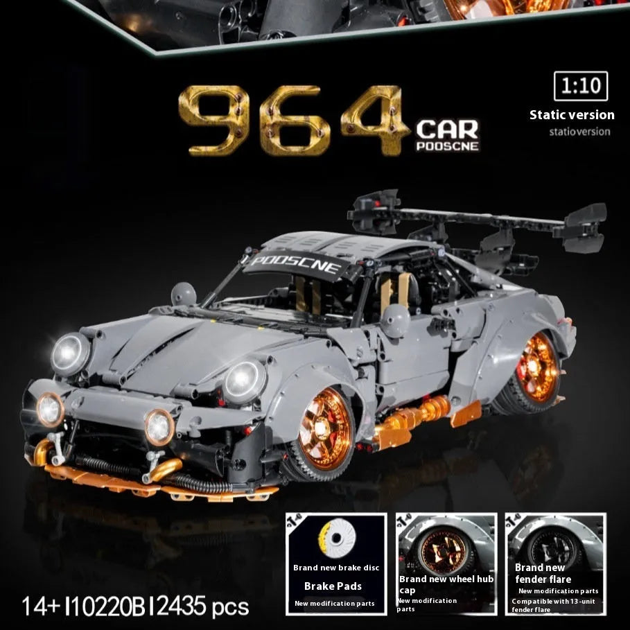 Cement gray sports car assembled building block toy model of a lying Porsche on a flat surface