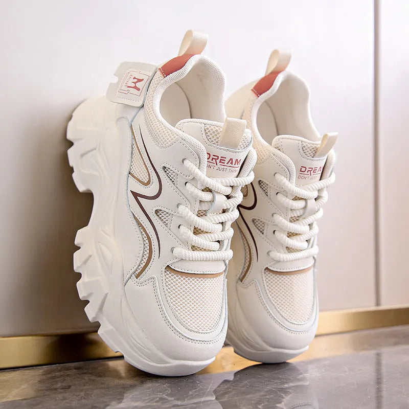 Children's platform elevator shoes in white or beige, artificial PU upper, round toe, sizes 35-40