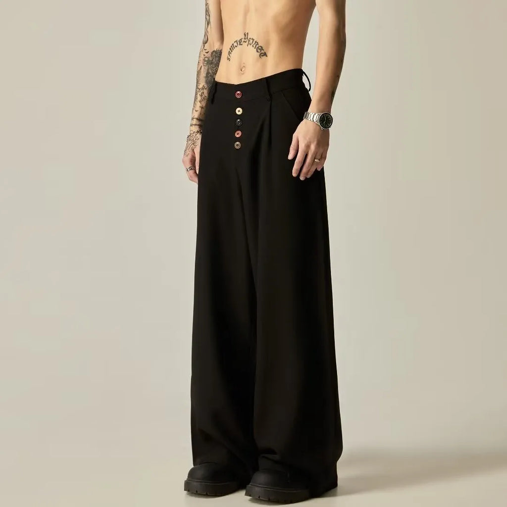 Men's black solid colour wide-leg casual trousers with a straight-leg cut and button fly.