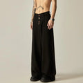 Men's black solid colour wide-leg casual trousers with a straight-leg cut and button fly.