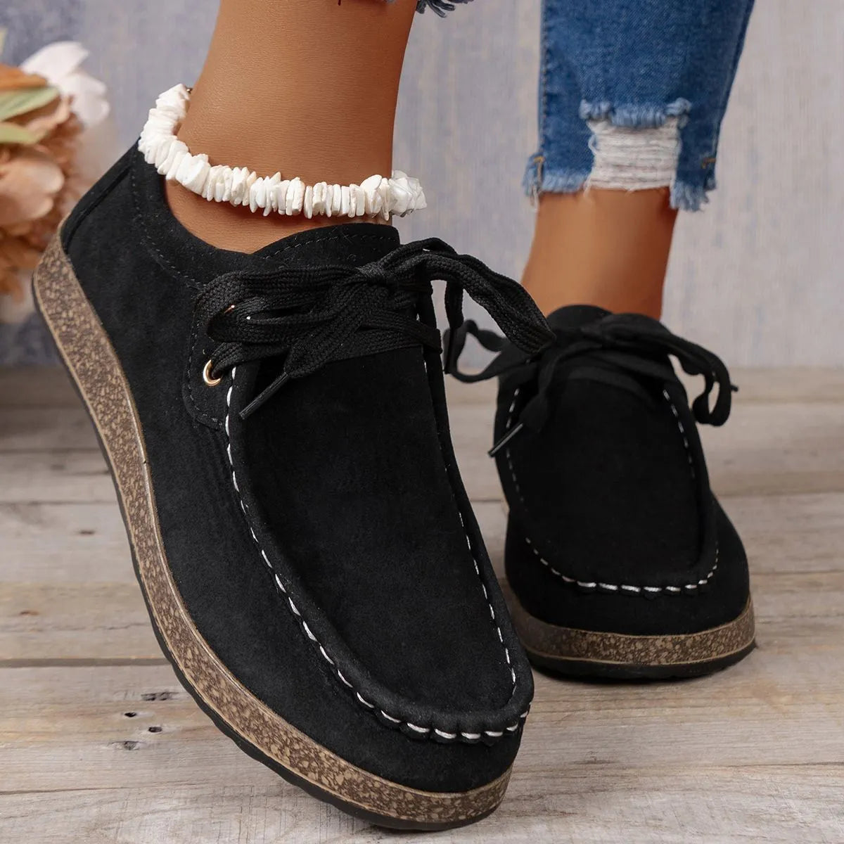 Plus size women's flat slip-on casual shoes with elastic band, round toe, PU upper, available in multiple colours