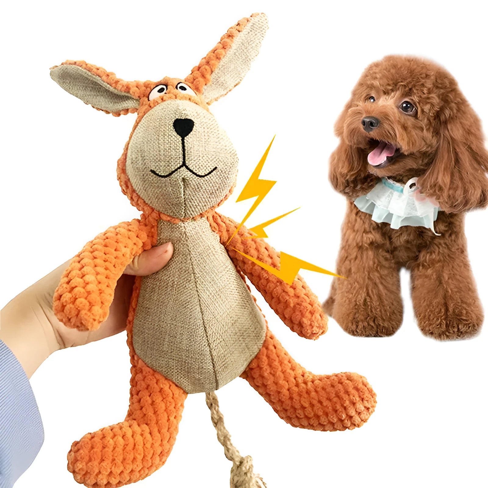 Assorted plush dog chew toys in donkey, elephant, orangutan, and rabbit shapes with squeakers.