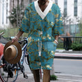 Men's peacock blue 3D printed casual suit with knitted shorts and T-shirt.