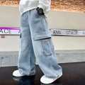 Boys' blue denim mid waist jeans cotton trousers for spring and autumn in multiple height sizes