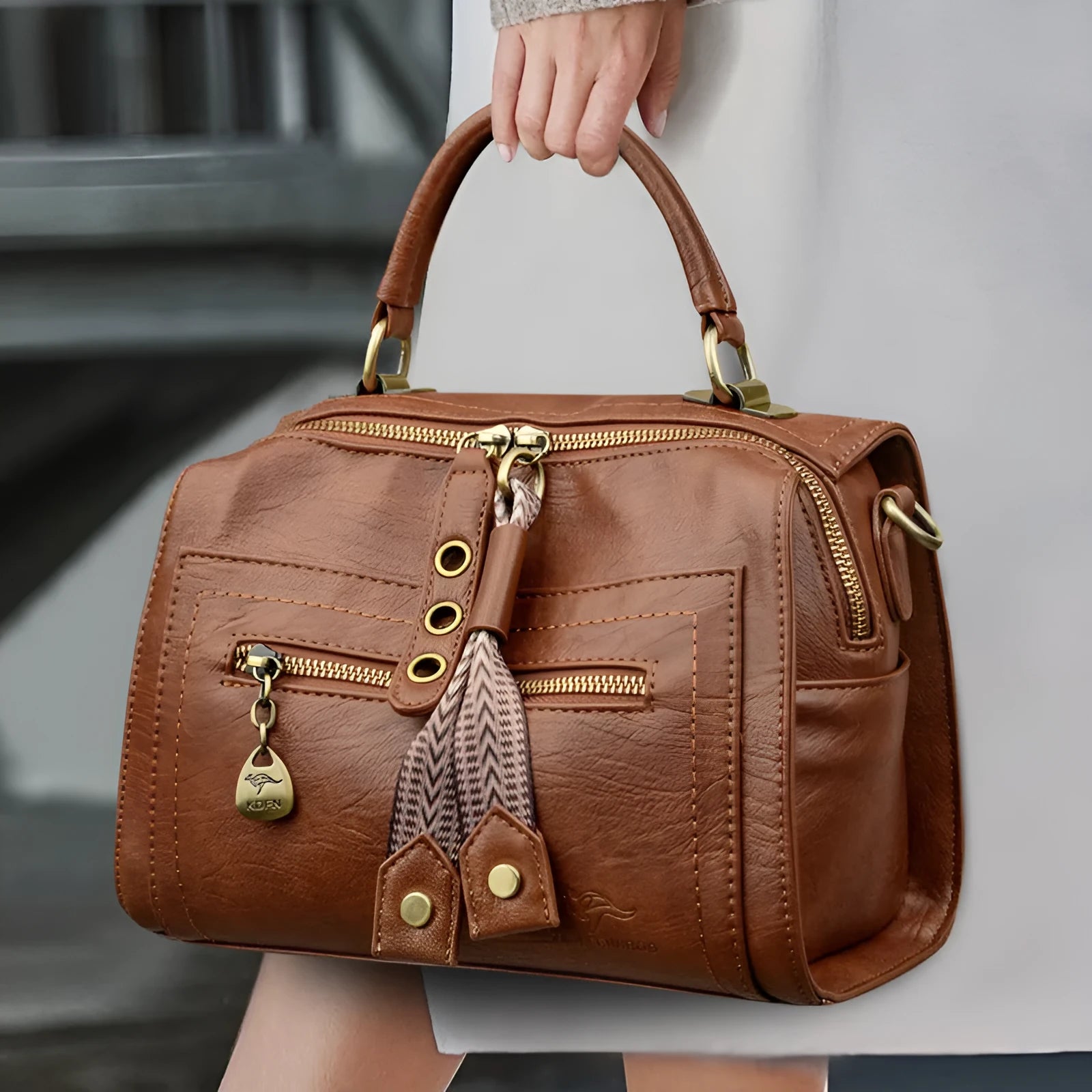Women's soft PU leather crossbody bag in horizontal square shape with sandwich pocket design