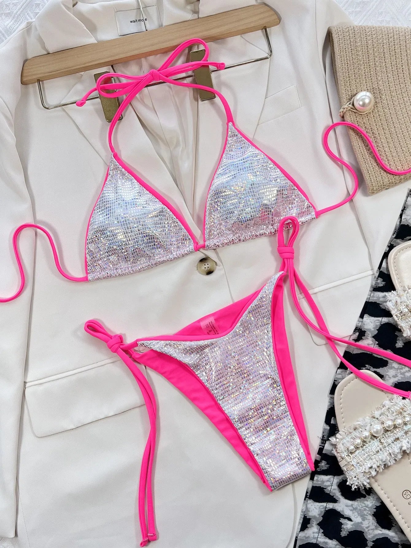 Silver solid nylon triangle bikini set including bra and shorts for swimming and wading