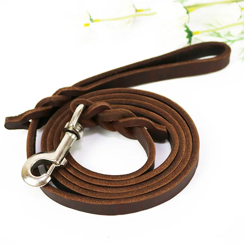 Cowhide leather dog walking rope with leather handle in light brown colour