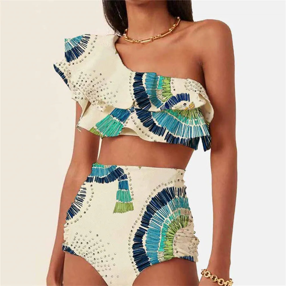 White women's one-shoulder swimsuit with a double-layer lotus leaf split design.