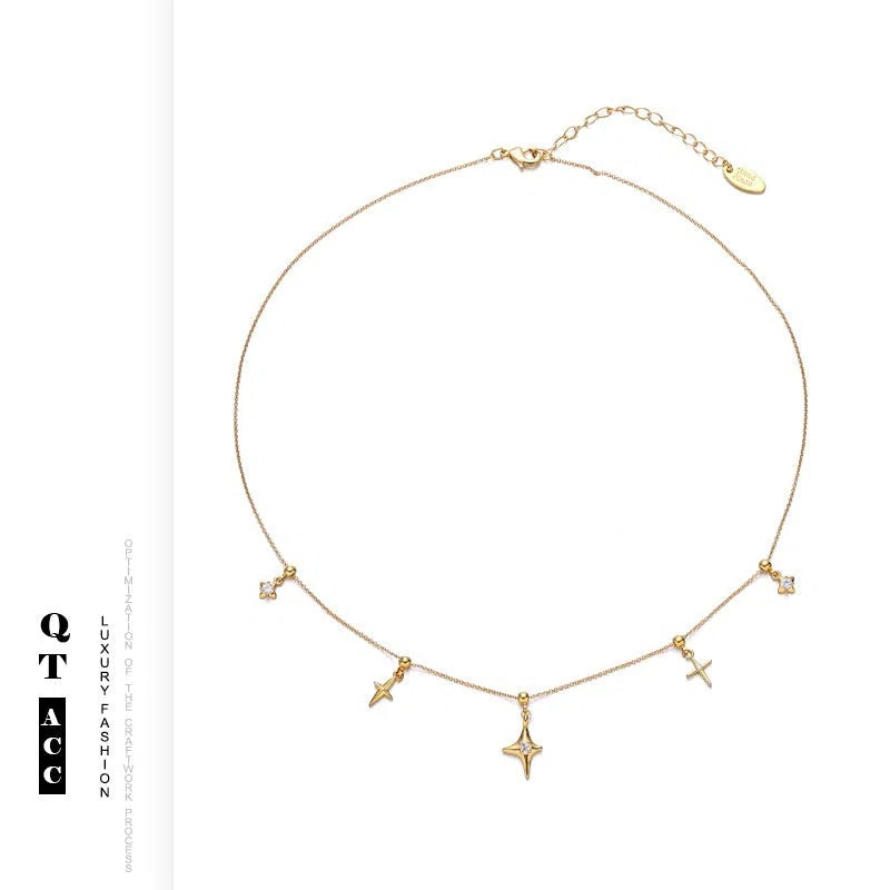Gold star pendant necklace with brass chain, zircon and natural stone, 41-50cm regular chain for women