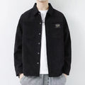A man's long-sleeved corduroy cardigan jacket available in black, grey, khaki, and orange.