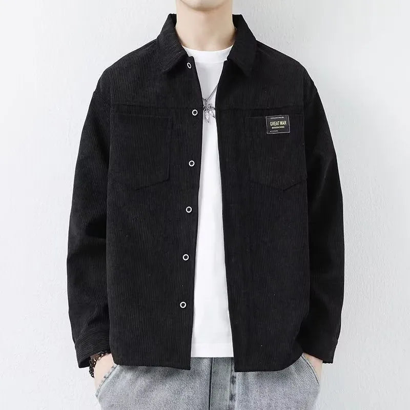 A man's long-sleeved corduroy cardigan jacket available in black, grey, khaki, and orange.