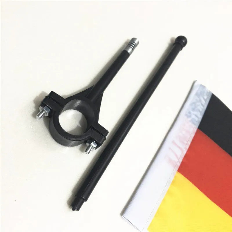 Polyester square flag on a plastic handlebar flagpole set.