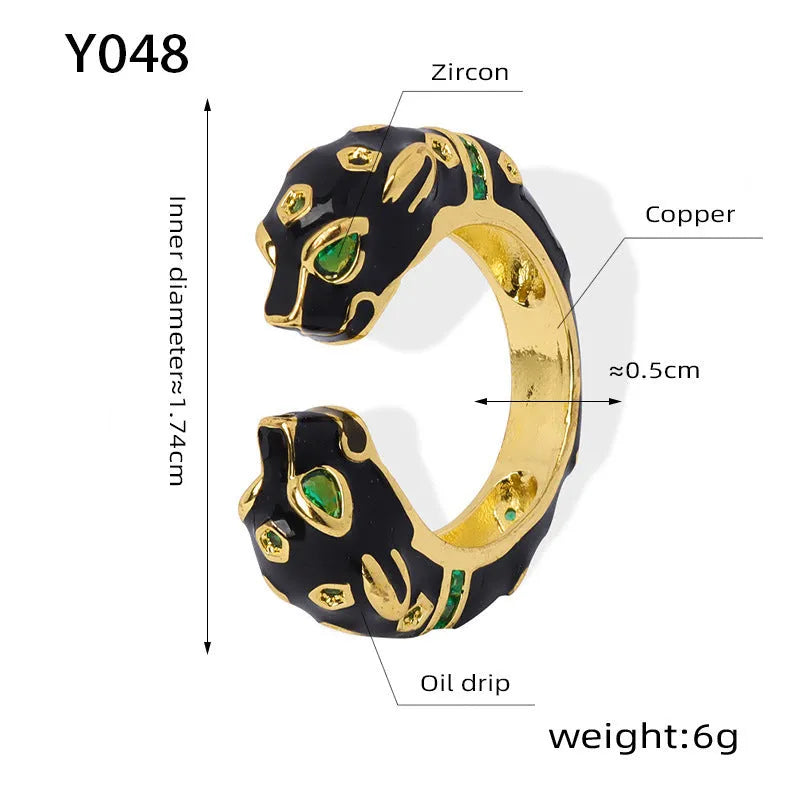Women's black cheetah pattern geometric open ring with oil drip effect, size no.7