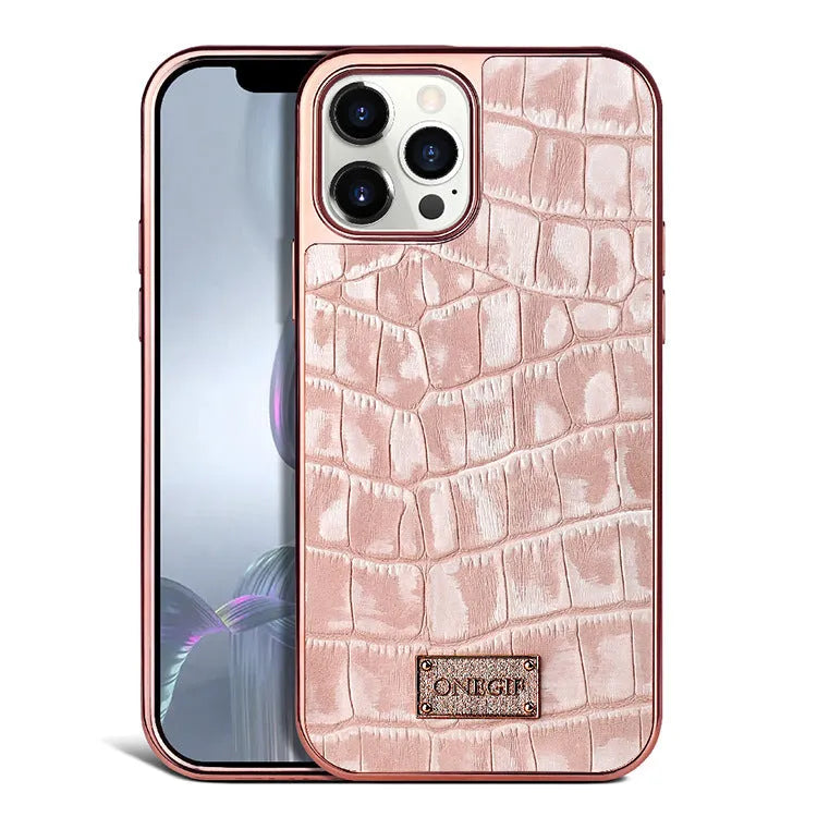 Electroplated grid screen phone case for iPhone 12 and 12 Pro Max in green, pink, and white