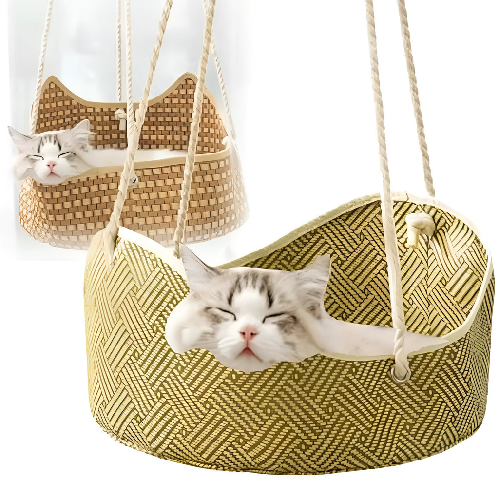 Green rattan cat cage hammock with metal hooks, shown hanging on a shelf.