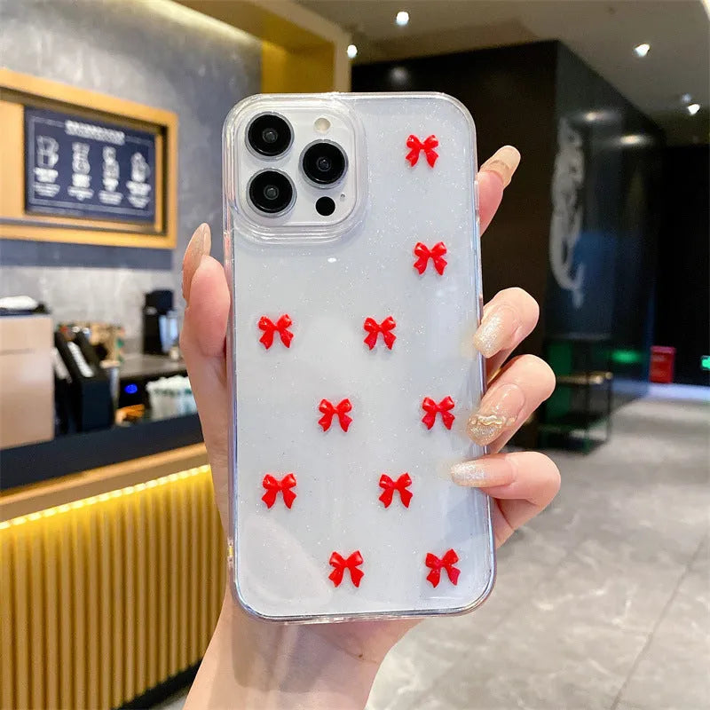 Epoxy glitter bow silicone phone case for iPhone 16 Pro Max in white