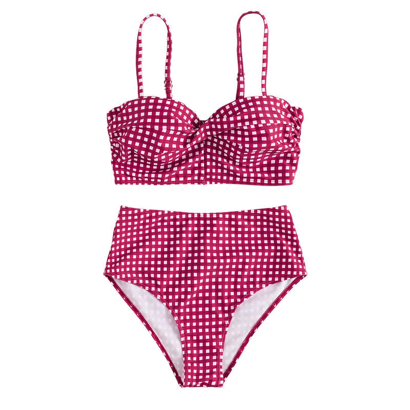 Women's plaid bikini swimsuit with high-waisted briefs in rose red, black, blue, and sky blue colour options