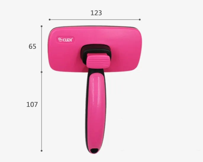 Rose red pet grooming comb with stainless steel teeth on white background