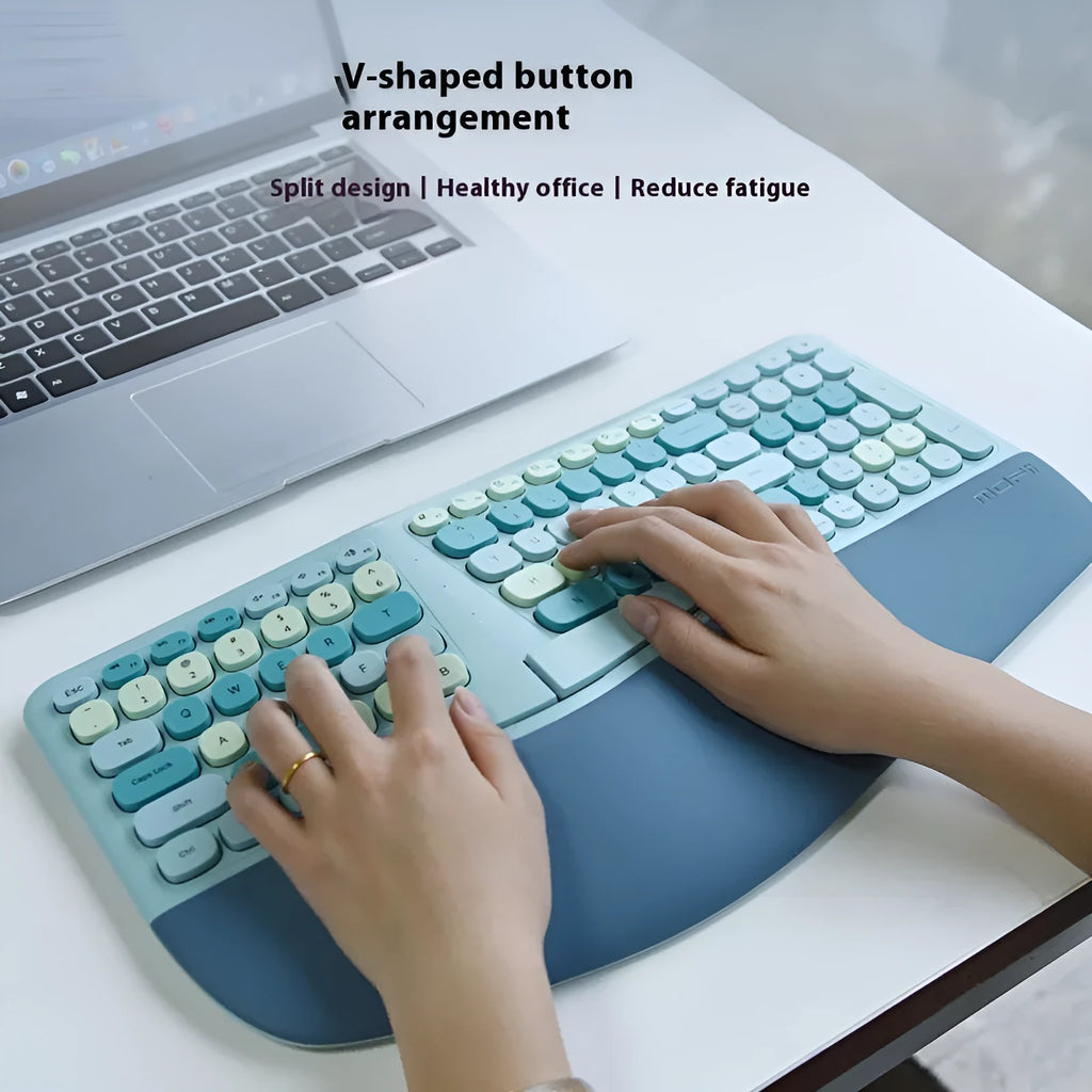 Ergonomic wireless keyboard and mouse set with wrist splint, waterproof veneer, blue milk tea purple mixed colours