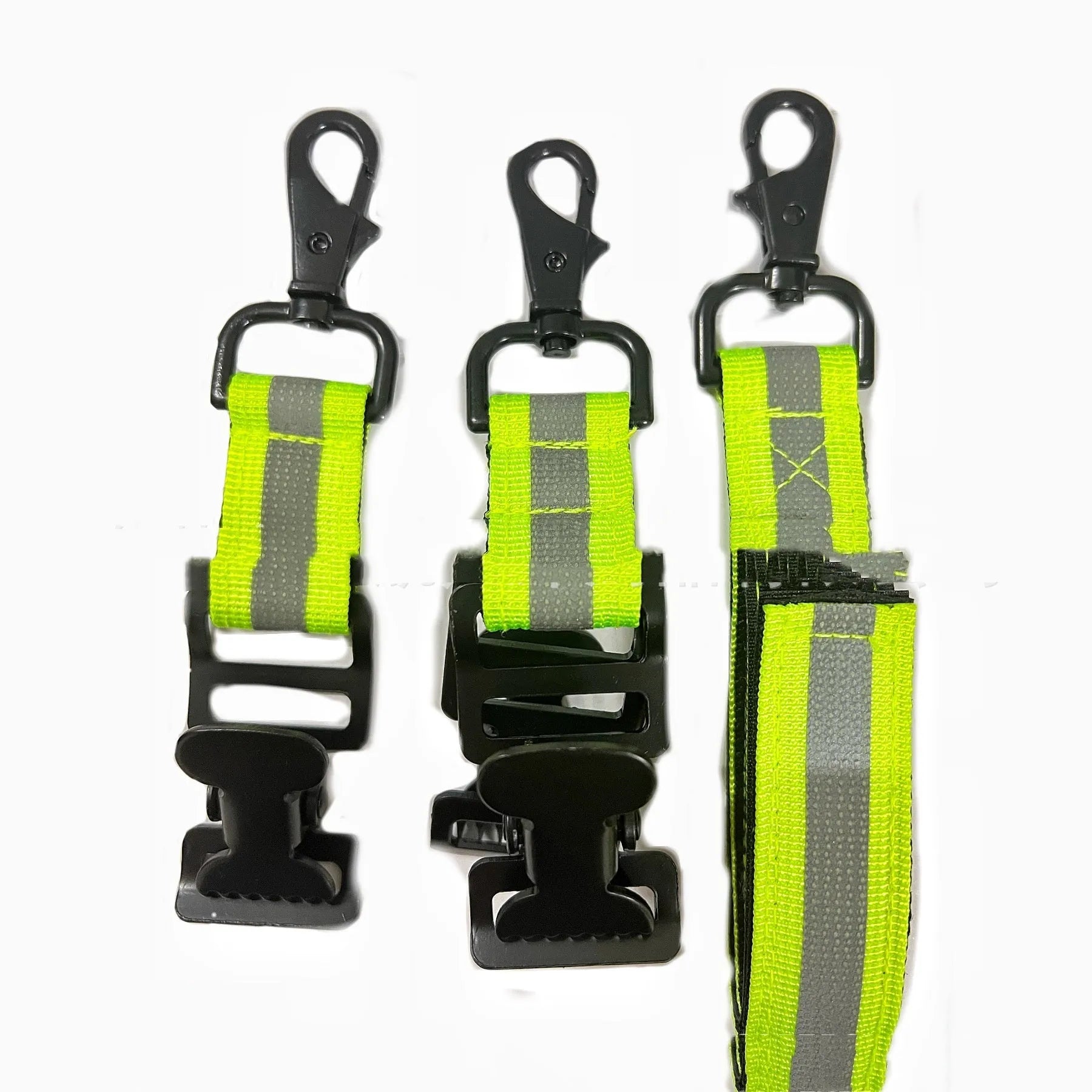 Fluorescent green metal buckle single clip for fireman gloves with reflective nylon lining.