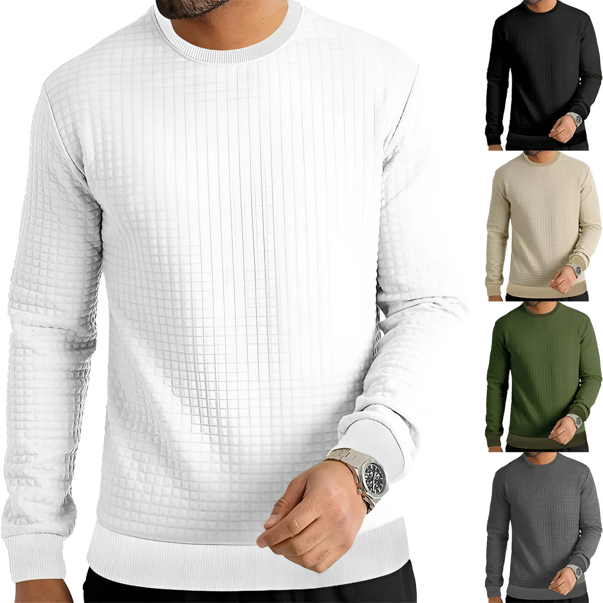 Men's long-sleeved round neck t-shirt in slim fit, shown in army green, with a pullover style