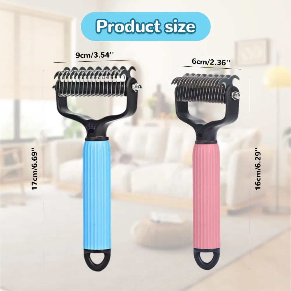 Double-sided stainless steel dematting comb for dogs and cats in blue or pink, large or small size