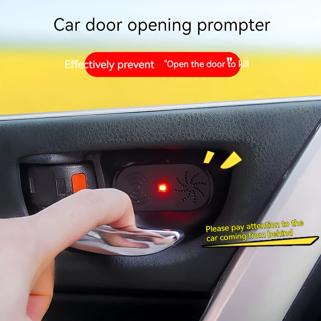 Black ABS plastic car door reminder alarm with infrared sensor and micro USB port.